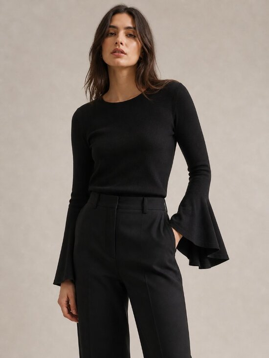 Eliza J Tops - Eliza J Black Bell Sleeve Knit Top Keyhole Back Size L